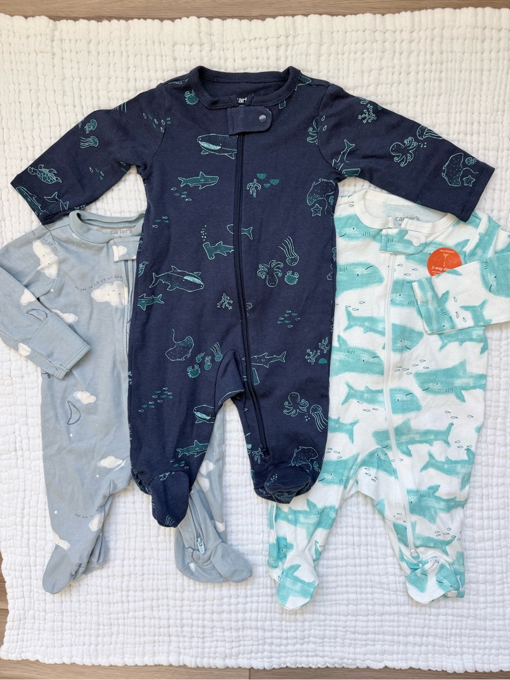 Carter's Mini Lot of Blue Clouds and Shark Print Footed One-Piece Sets